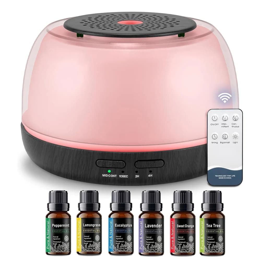 Umidificatore per aromaterapia con telecomando per la casa Diffusore di oli essenziali da 500 ml - 8 ore 4 timer LED a 7 colori, 6 oli inclusi