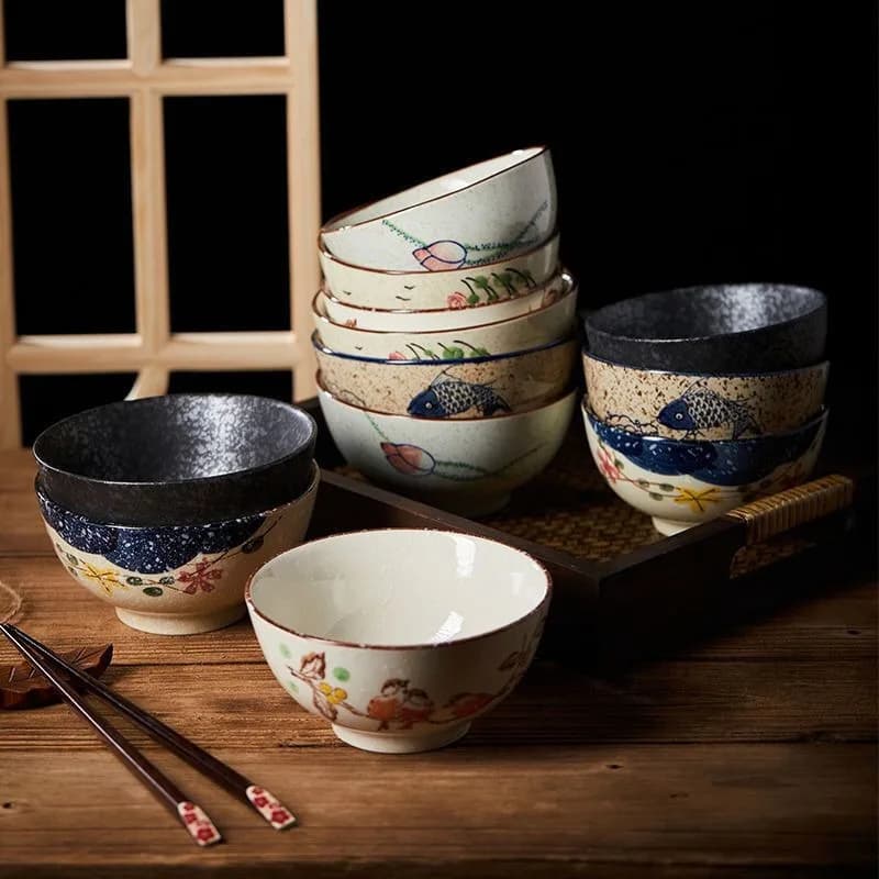 5inch Japanese Style Ceramic Rice Bowl Thickened Heat-resistant High Footed Bowl Creative Pattern Art Tableware Kitchen Supplies