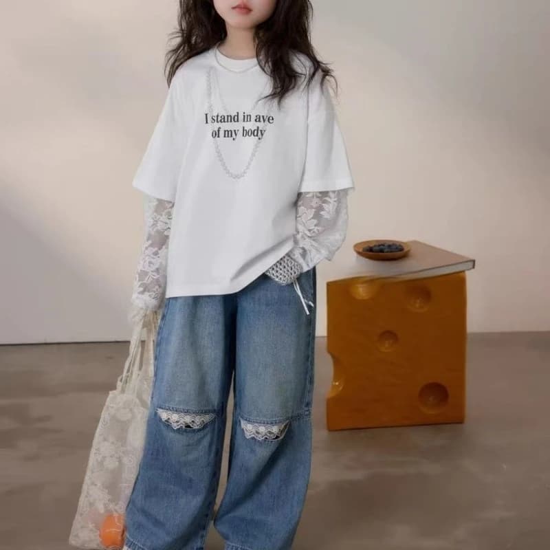 T-shirt in pizzo a due pezzi finta per ragazze da 2 a 12 anni Pullover in stile coreano per bambini 2026 T-shirt allentate per bambini primaverili