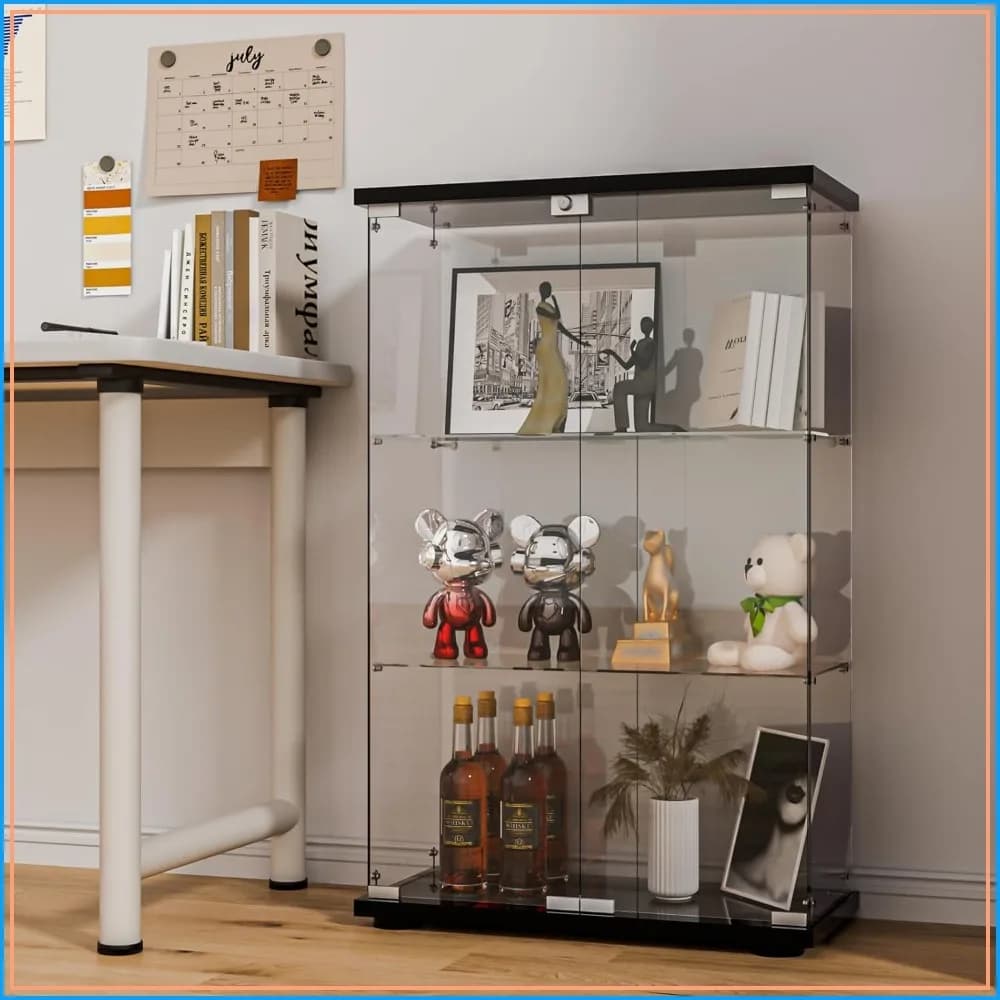 Glass Display Cabinet, 2-Door Curio Cabinet with Lock and Shelves, Display Case for Collectibles, Lego, Figures, Books, Wine, Home Decor