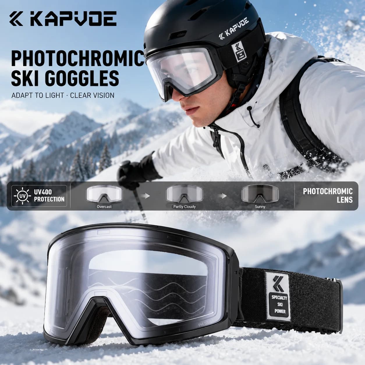 Kapvoe New Photochromic Snow Goggle Snowboard Anti-Fog Sunglasses for Men Women UV400 Protection Ski Glasses Snowmobile Winter