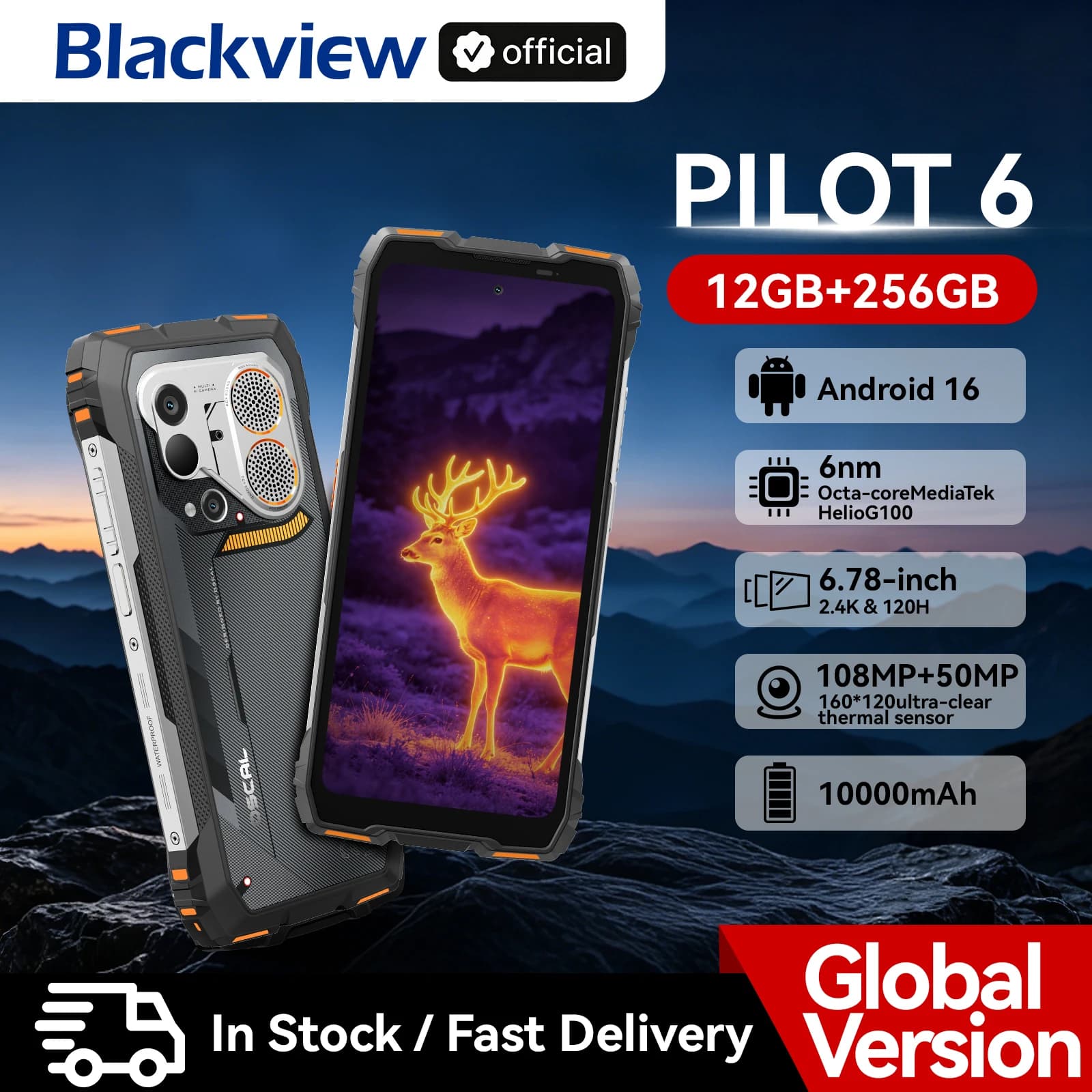 Blackview OSCAL PILOT 6 Smartphone Rugged con termocamera, MTK G100, display 2.4K da 6.67" a 120Hz, 12GB 256GB, batteria da 10000mAh, Dual 4G