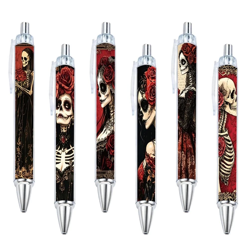 6pcs Red Rose Gothic Skeleton Bride Theme Press Neutral Pen School Season Student Writing Pen Gift Pen Pattern Random