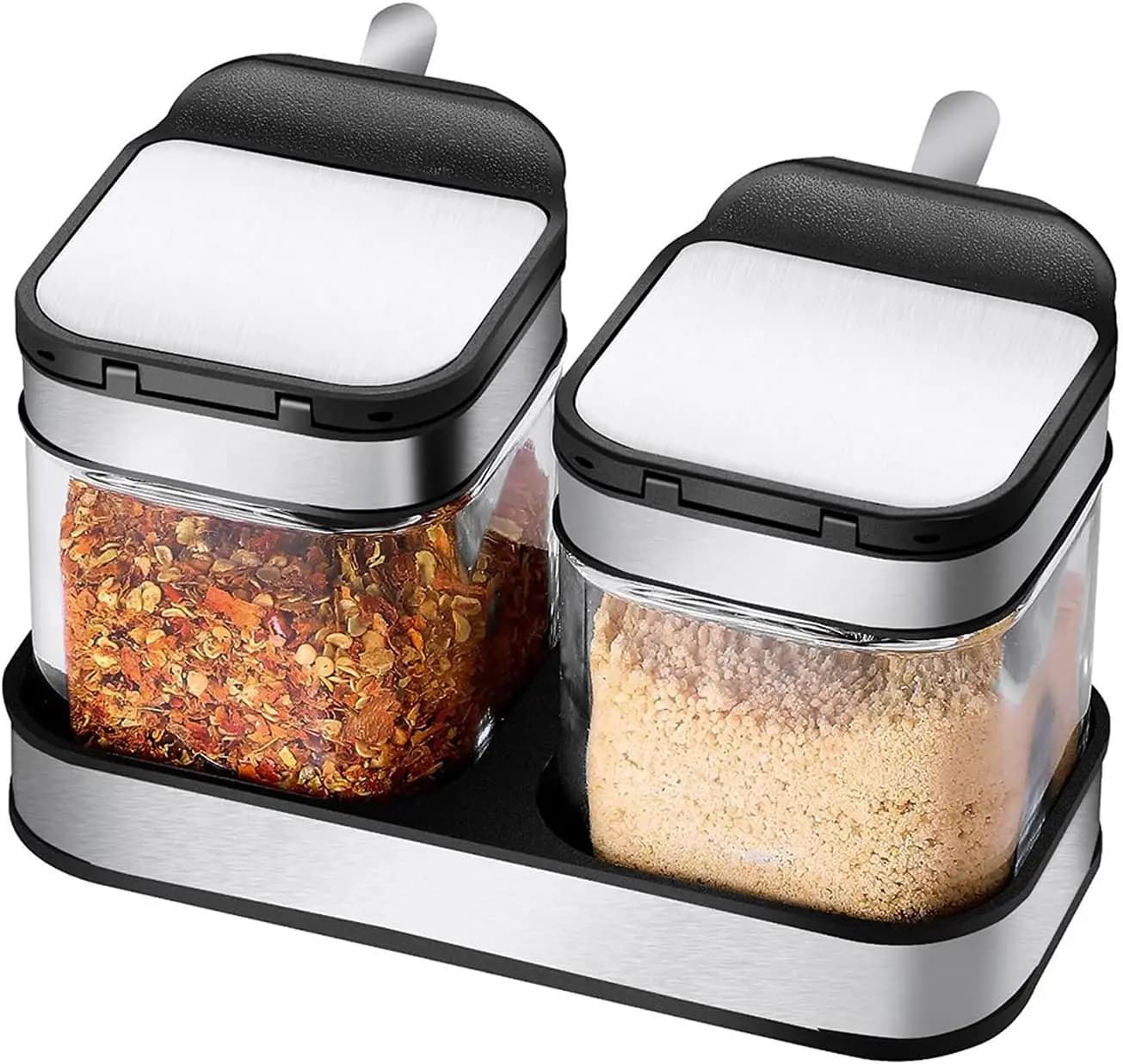 Set di 2 barattoli per condimenti con coperchi e cucchiai in acciaio inossidabile, contenitori per spezie in vetro trasparente per piano cucina e conservazione alimenti