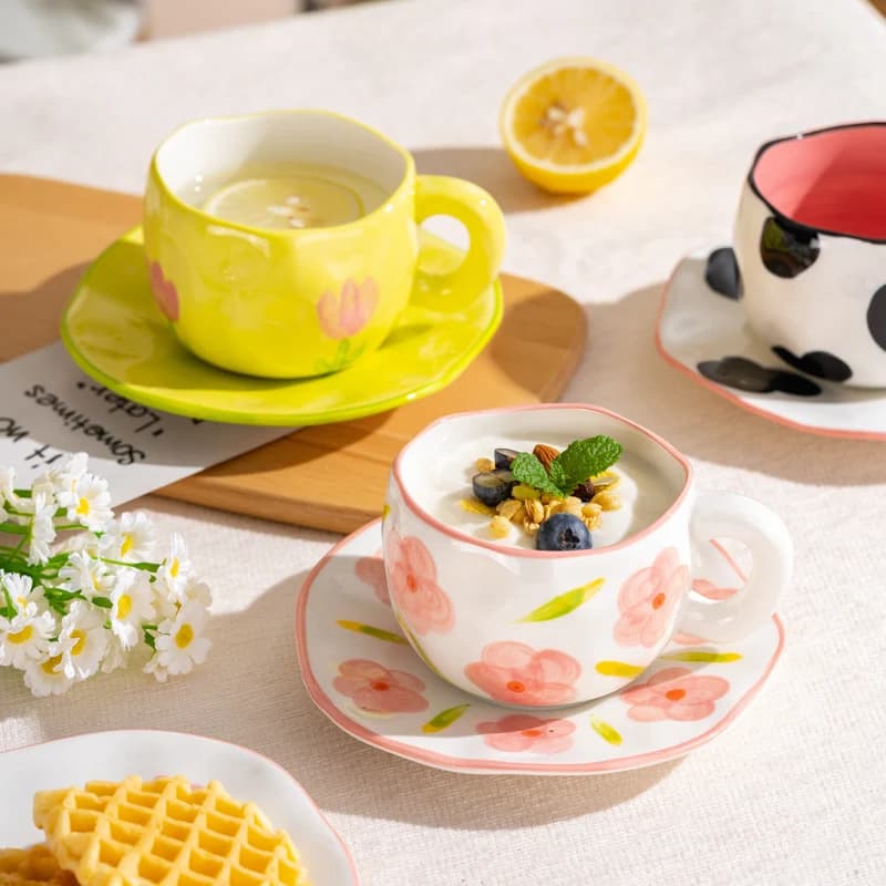 Tazza in ceramica irregolare pizzicata a mano in stile coreano da 300 ml Tazza da caffè a forma di cuore con fiore dipinto a mano Colazione Latte Tazza da tè pomeridiano Regalo