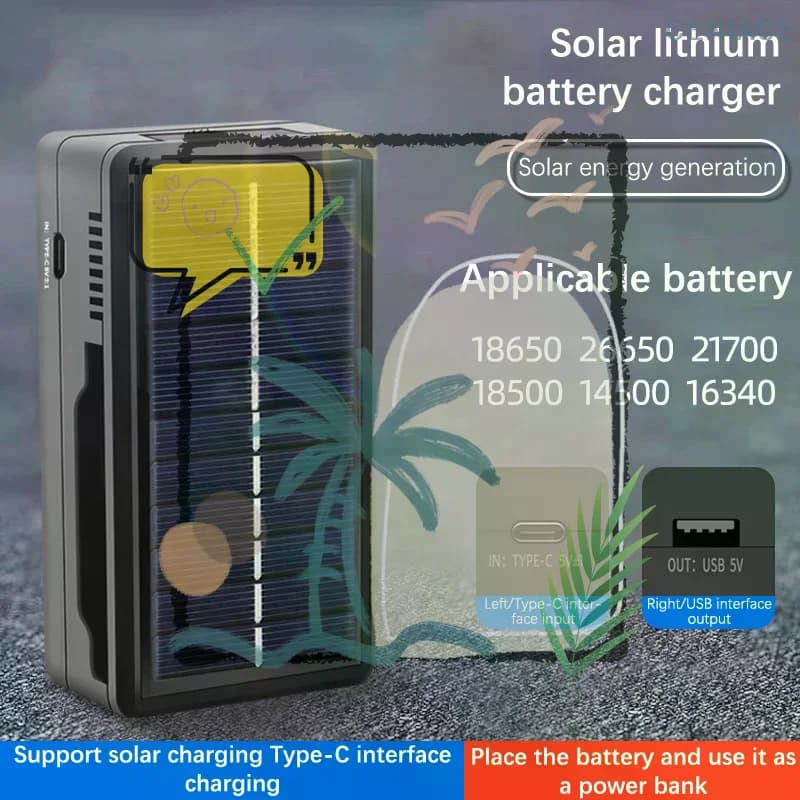 Smart Solar & Type-C 18650 Battery Charger, Multi-Functional Lithium Holder for Power Bank Cases