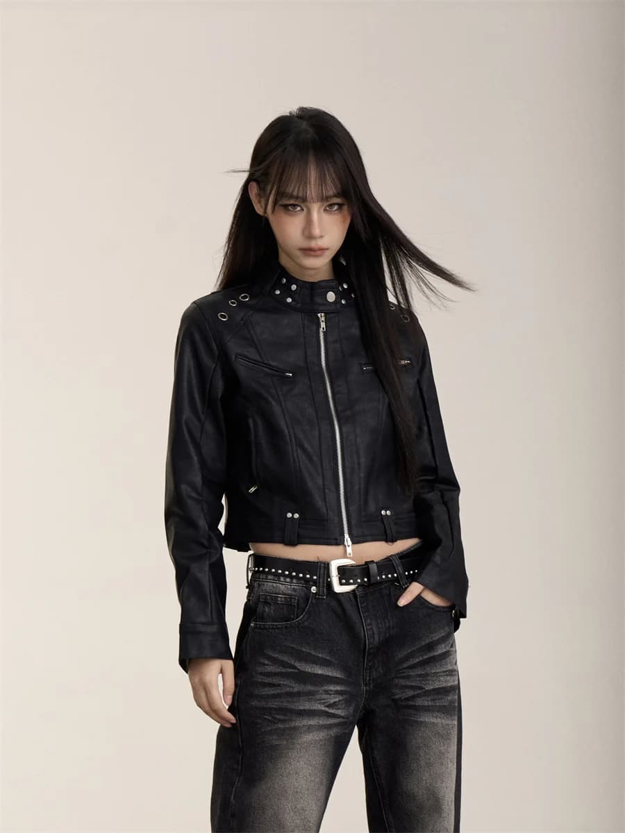 Tagkita American Retro Black Stand Collar Motorcycle PU Leather Jacket Women's Short Zipper Jacket Spicy Girl Style Outerwear