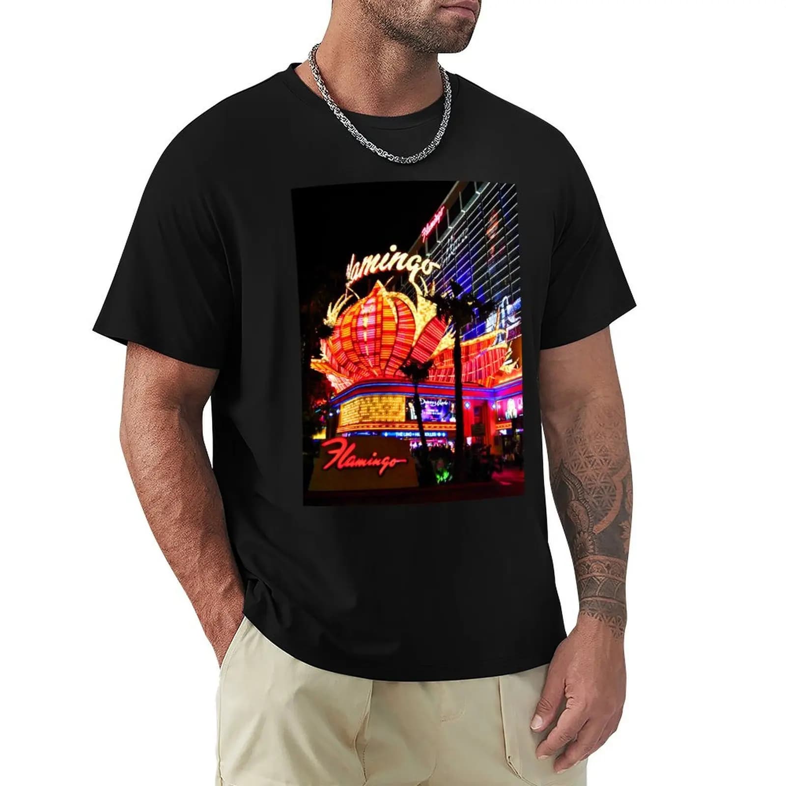 Flamingo Las Vegas Hotel Neon Signs America T-Shirt Work Wear Short Sleeve T-Shirt