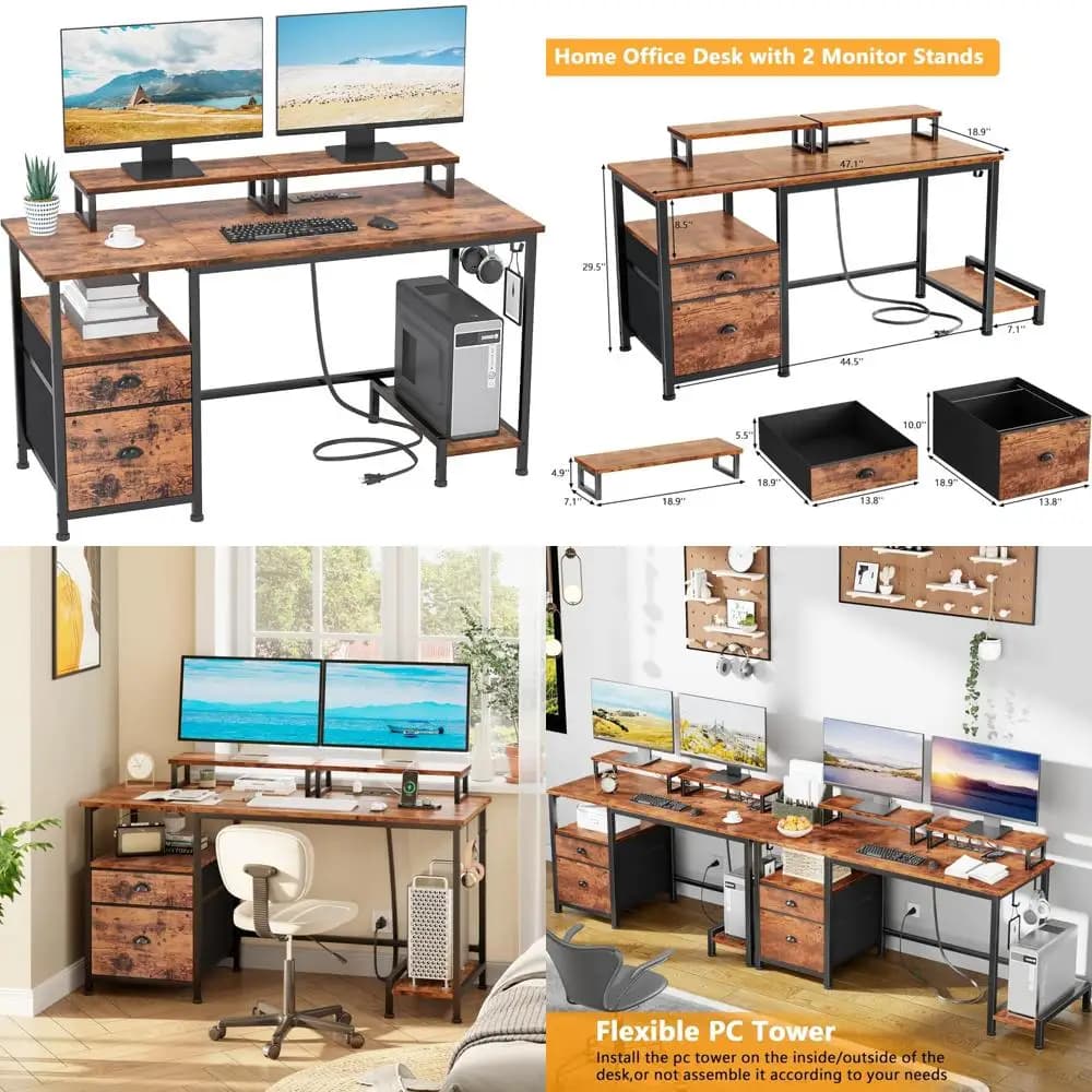 Computer desk with desk, power sockets, 2 monitor supports, storage drawers, home office desk for writing and organizing