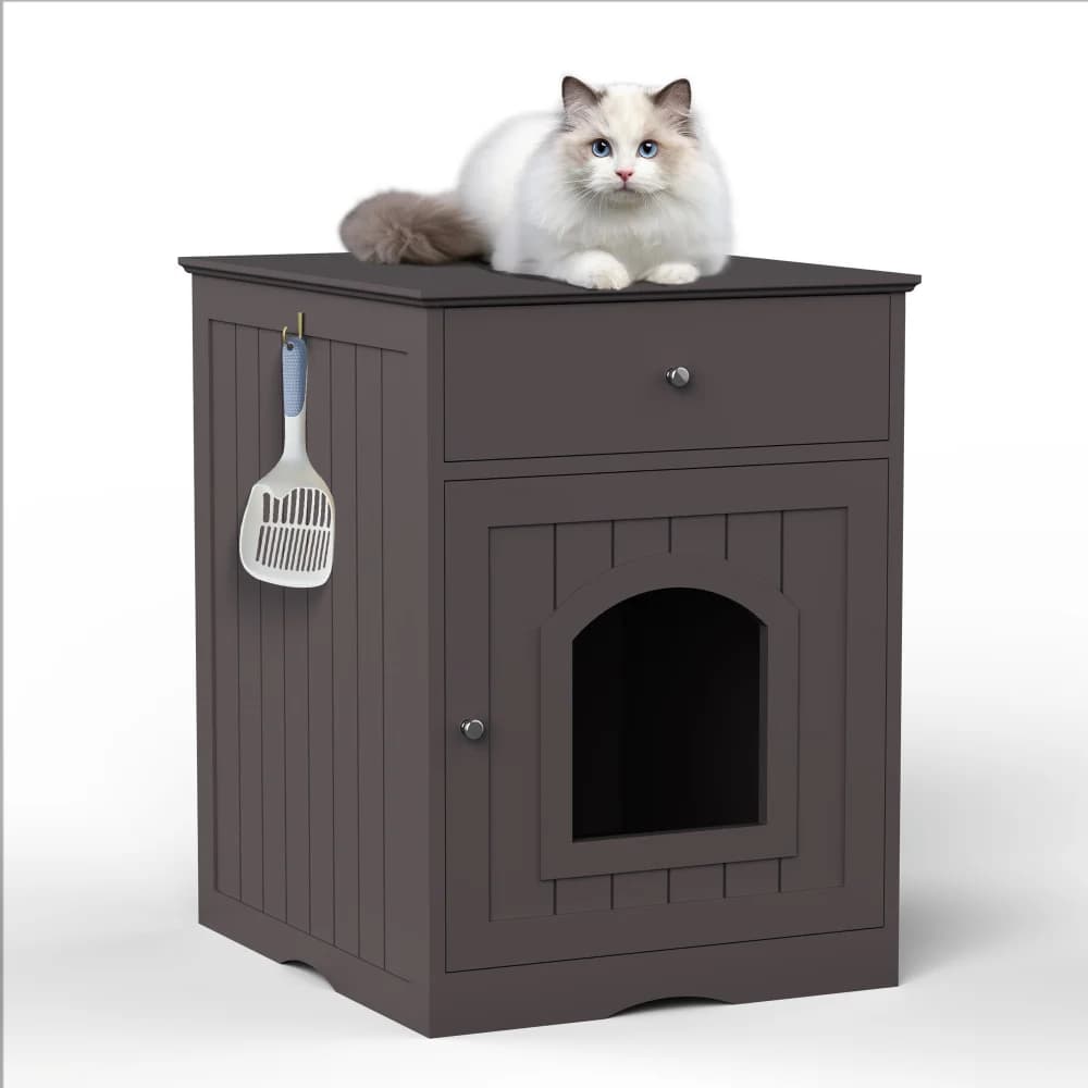 Casetta per Gatti in Legno con Cassetto, Gabbia per Animali Domestici da Interno, Tavolino Multifunzionale