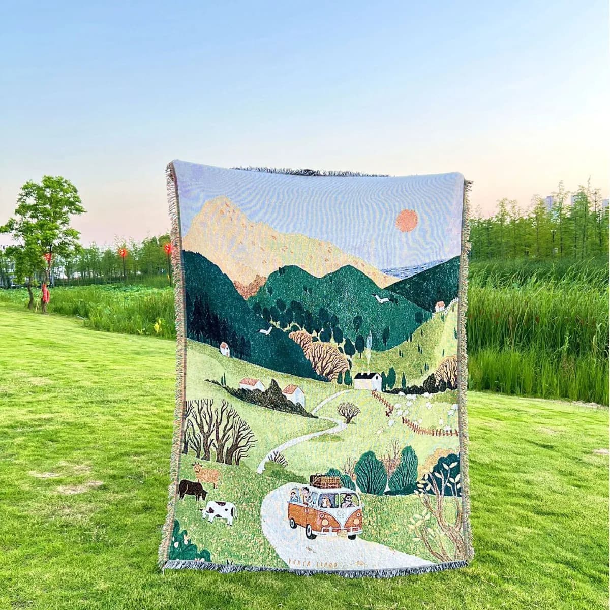 Coperta Intrecciata con Paesaggio Montano, Coperta per Campeggio e Turismo all'Aperto, Coperta per Divano e Letto con Nappe per Arredamento Casa