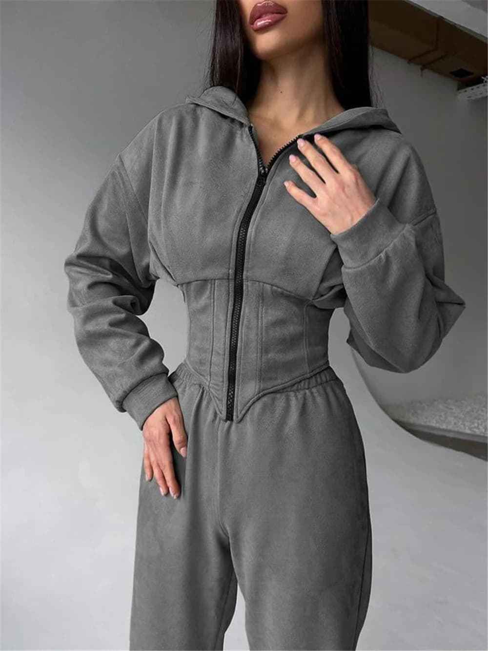 Set di pantaloni sportivi da donna Felpa da 2 pezzi Completo con cerniera Abiti con cappuccio Tuta elastica in vita Set di pantaloni da donna slim