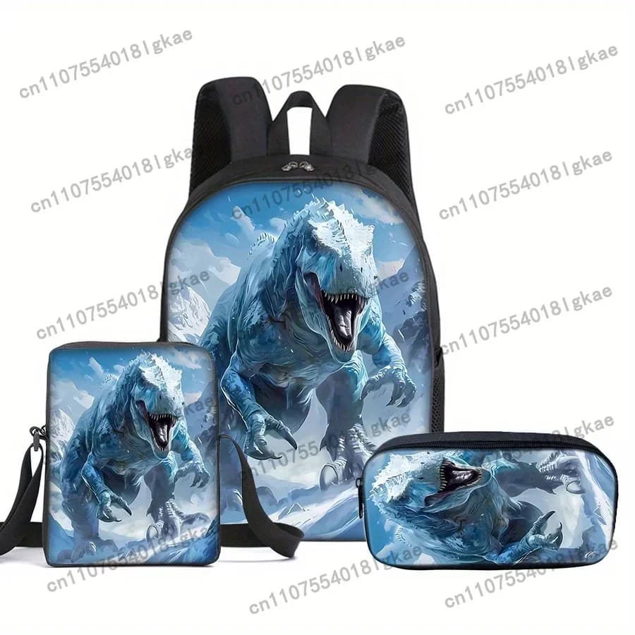 Icy Dinosaur Print Backpack Set - 3pcs, Lightweight PVC, Adjustable Straps, Zip Closure, Includes Matching Lunch Bag & Pencil Ca