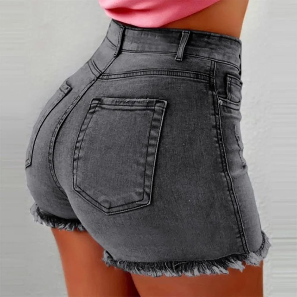 Pantaloncini di jeans a vita alta da donna - Ritagli strappati invecchiati con orlo sfilacciato, pantaloni caldi estivi elasticizzati per streetwear casual