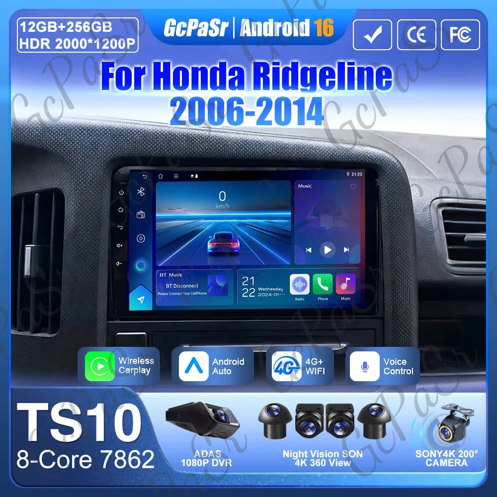 Per Honda Ridgeline 2006 - 2014 Android Auto Video 2k Carplay Autoradio GPS Schermo di Navigazione No 2din Bluetooth Stereo GPS DSP