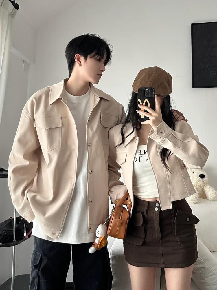 Retro American Jacket Loose Casual Spring Autumn New Style Couple Matching Long Short Outerwear Pure Color Standard Sleeve