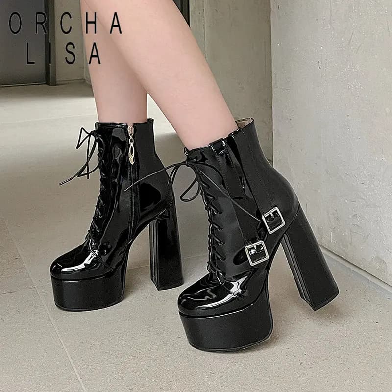 ORCHA LISA Ankle Boots Platform Hill 4.5cm Zipper Lace Plus Size 43 Mature Party Booty Round Toe Block High Heel 14.5cm Casual