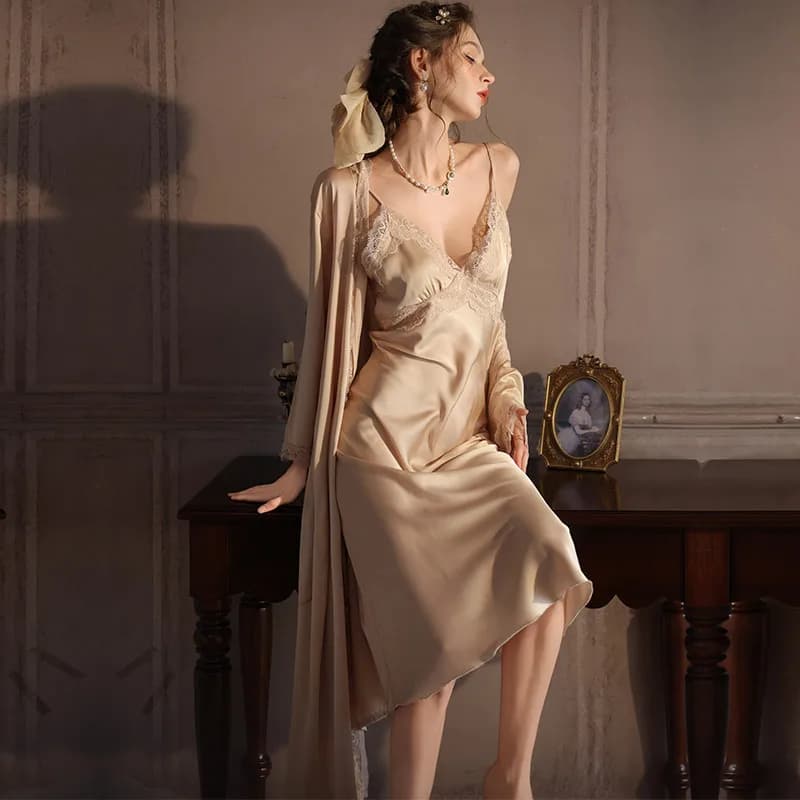 Women's Long Night Shirt 2 pieces Set of Dress and Dress Sexy Night Dress with Lace Finish Homewear Bathrobe Spring Summer New Nightwear Pigiama