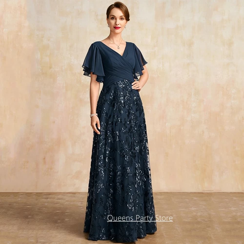 Abiti da cerimonia per invitati a matrimoni, personalizzati, con scollo a V, maniche a pipistrello, scollo a V, paillettes, pizzo, linea ad A, blu navy, abito da madre della sposa