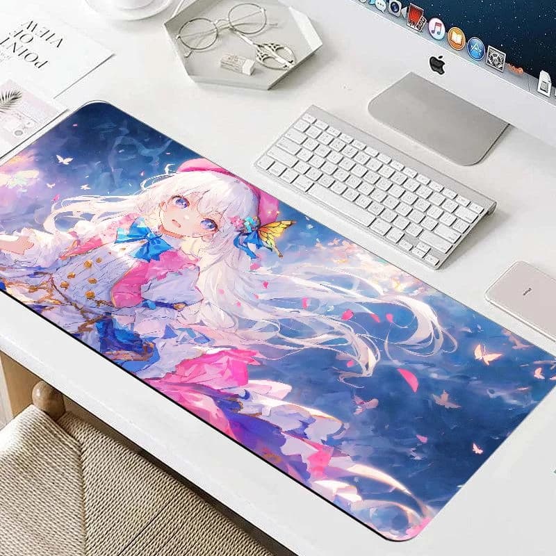 VIKAMA Cute White Hair Anime Girl Large Mouse Pad, Colorful Butterfly Fantasy Extended Desk Mat Non Slip