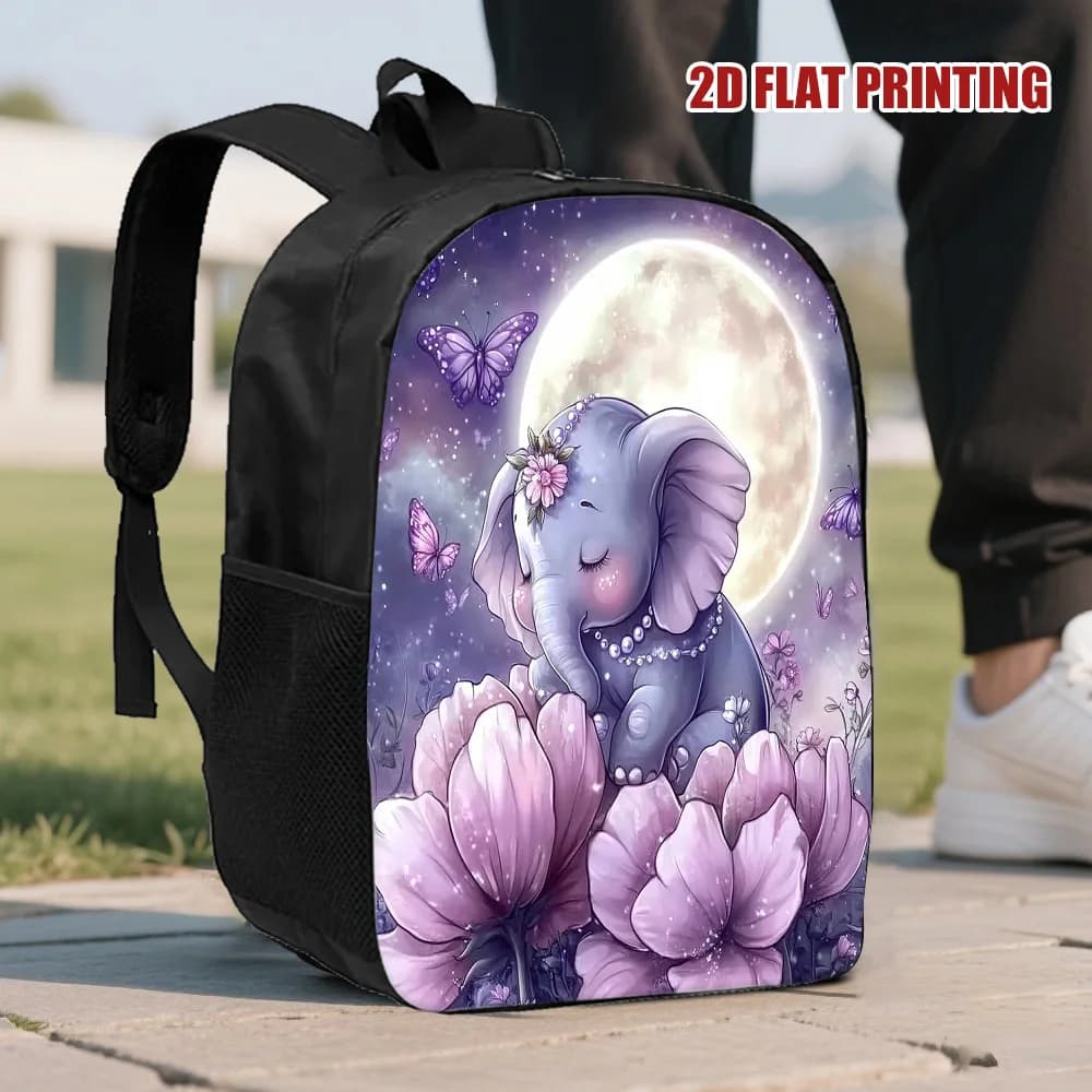 Zaino 1 Dream Elephant - Magico Design Floreale Viola con Luna e Elefante, Borsa Scolastica Leggera con Tracolla Regolabile