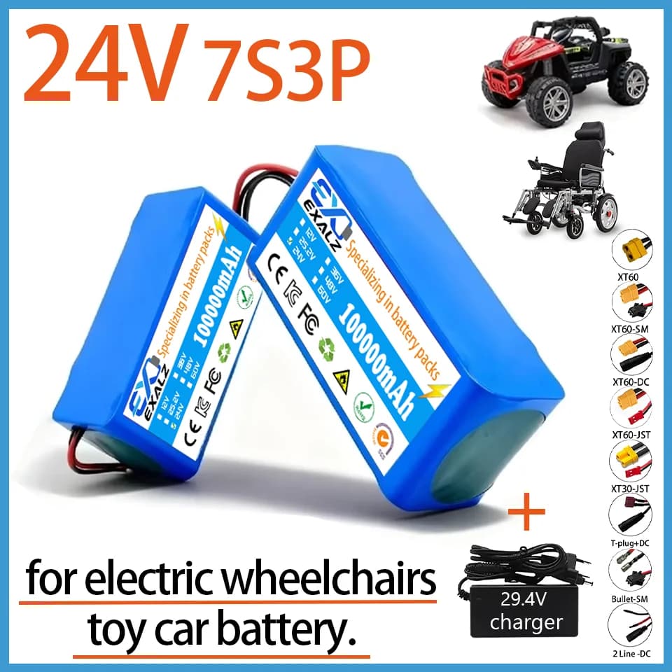 24V Lithium Battery for Electric Wheelchair, Package 7S3P 18650 100Ah for Car Toy and E-scooter with BMS 29.4V, Charger US/EU 2A