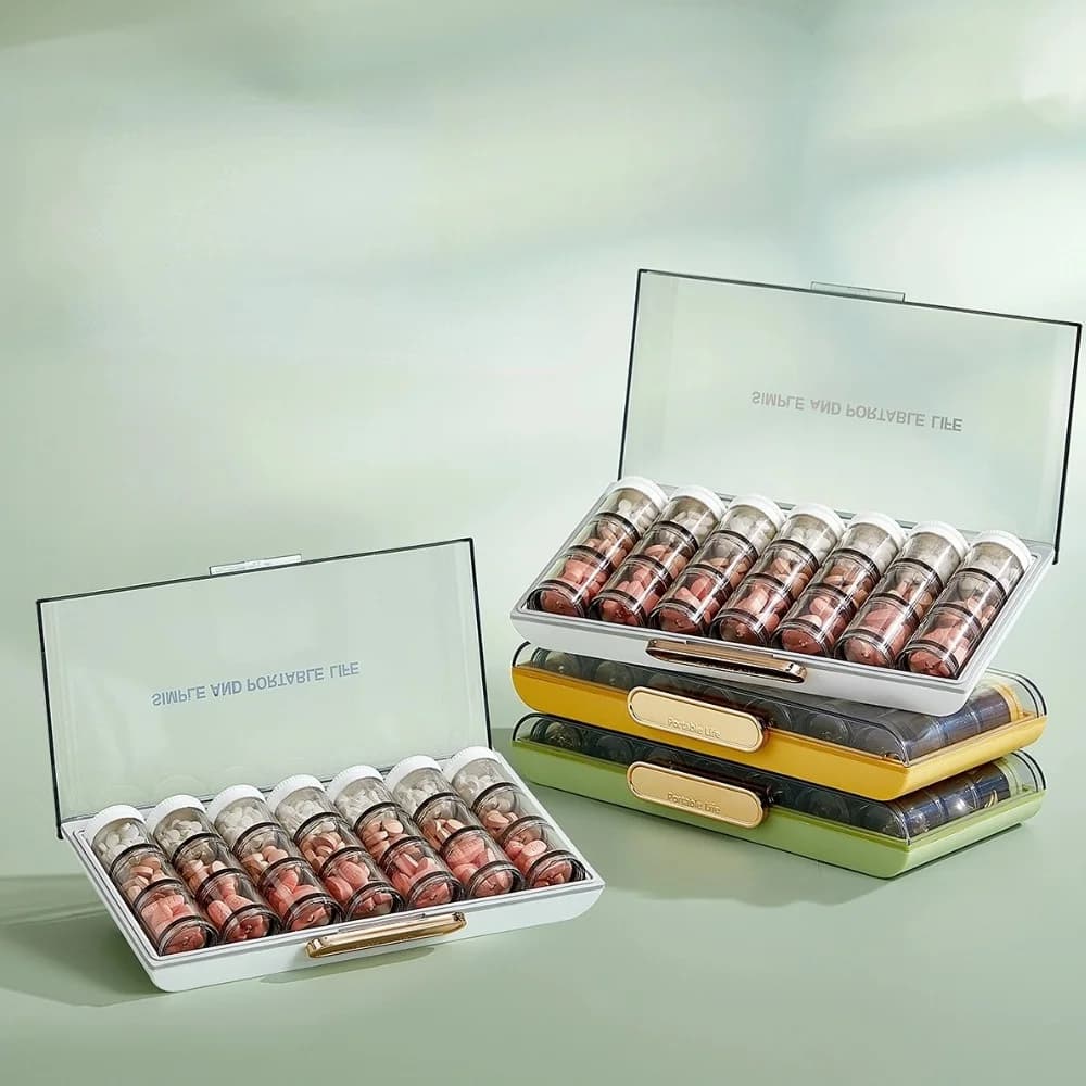 New Premium Portable Container for Weekly Pills, Organizer with 7 Days and 21 Parties to Medicinal, Vitamins, Supplements and Fish Oils