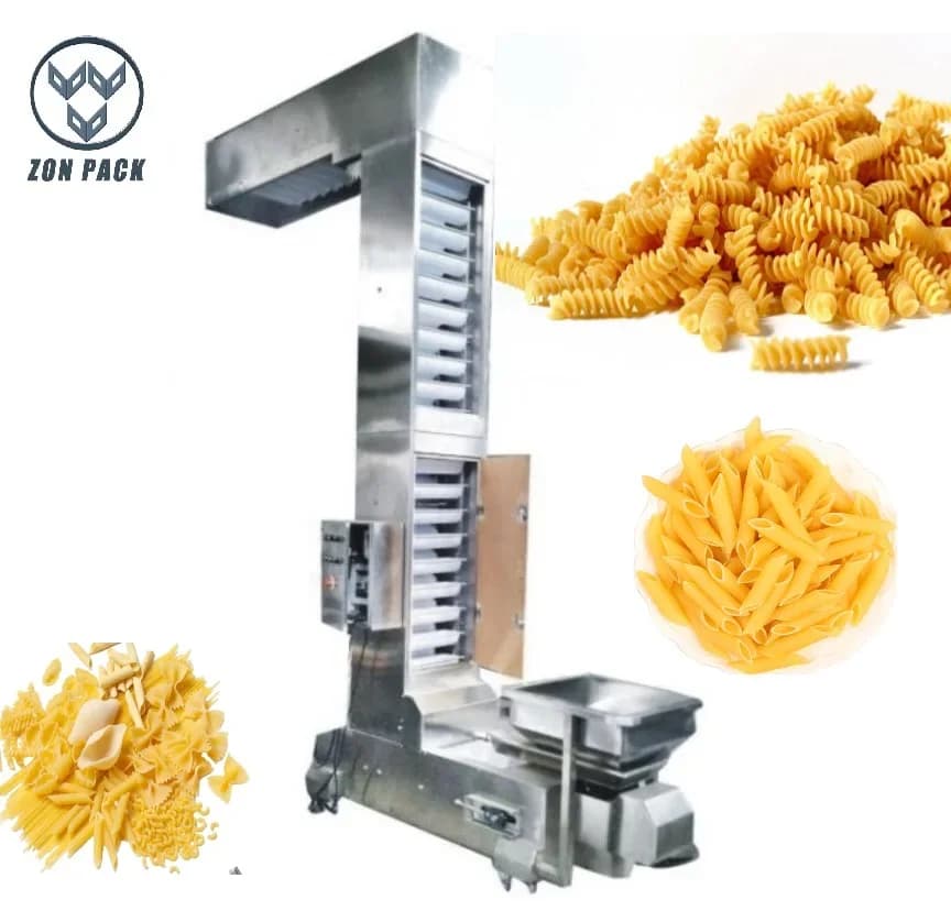 Elevatore a tazze tipo Z con alimentatore a vibrazione in acciaio inox 304 per macchine confezionatrici di pasta italiana/maccheroni/patatine/granuli/snack
