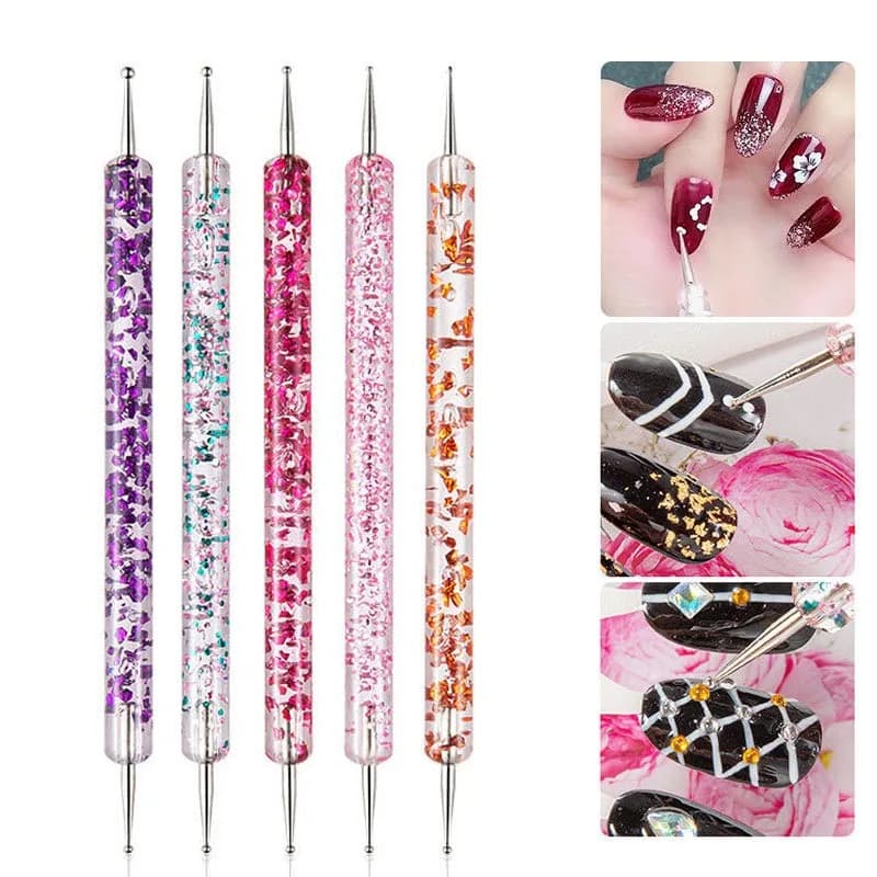 Set di 5 Pennelli per Nail Art a Doppia Punta con Manico Decorato con Strass, per Disegno 3D, Gel UV, Liner, Motivi Floreali, Kit di Strumenti per Pittura