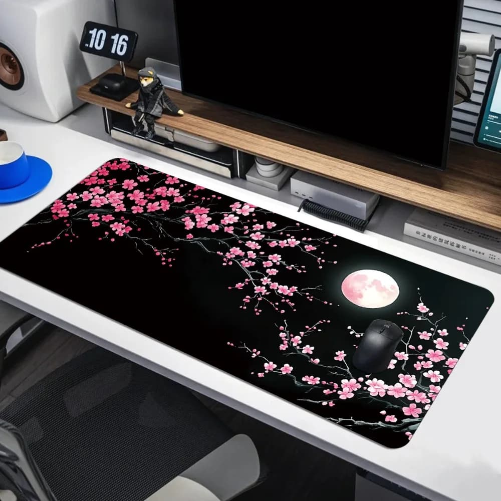 1 tappetino per mouse da gioco esteso e tappetino per tastiera per PC con un design Moonlight con adorabili fiori di prugna rosa.