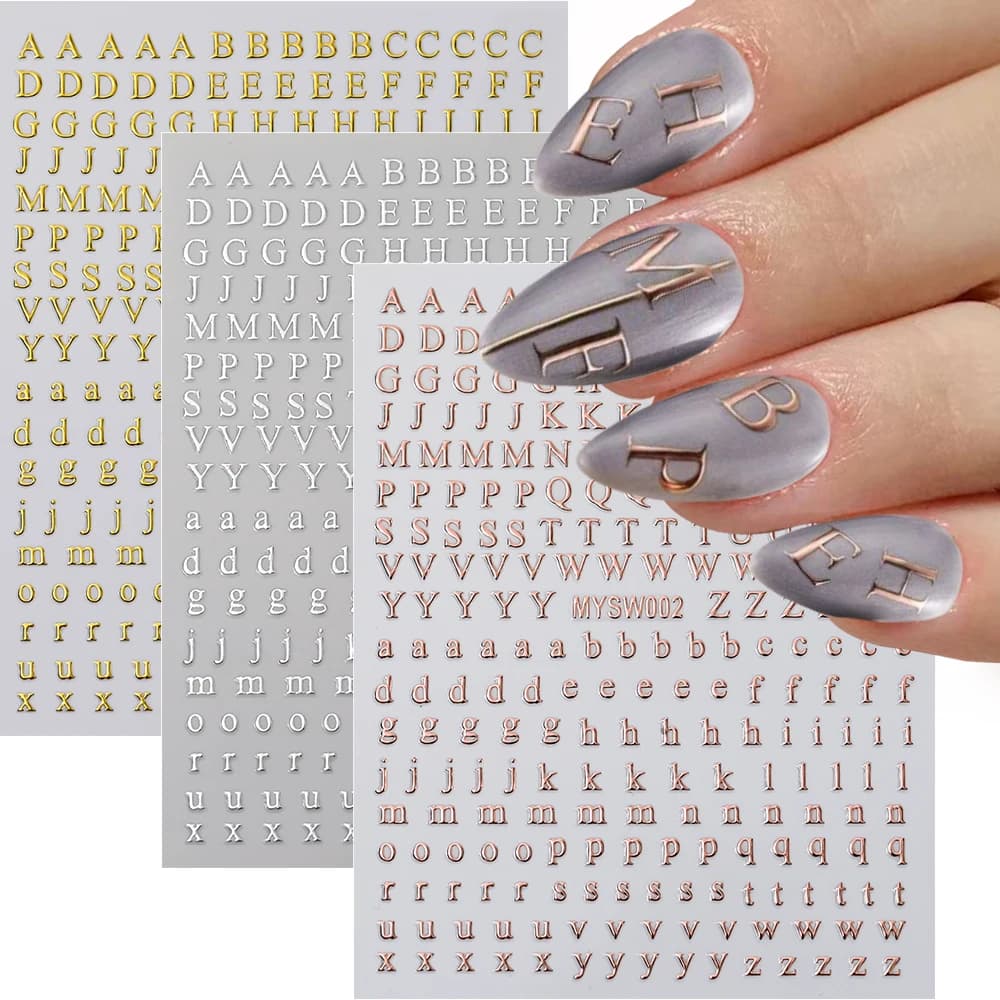 2 pezzi piccolo 26 alfabeto adesivo per unghie 3D nero oro argento laser romano lettera inglese decalcomanie adesive 8 * 10 cm manicure cursori fai da te