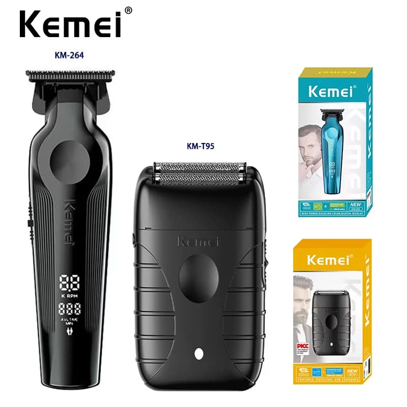Kit tagliacapelli professionale Kemei, rasoio elettrico ricaricabile USB per uomo, tagliacapelli elettrico da barbiere KM-264 Nero KM-T95