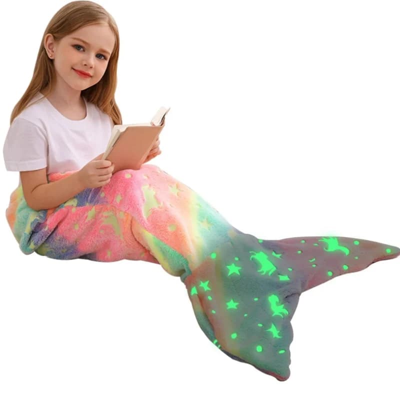 Coperta a Coda di Sirena Unicorno Arcobaleno Luminosa Notturna, Coperta in Flanella Super Morbida a Coda di Sirena, Coperta Indossabile da Donna, Regali