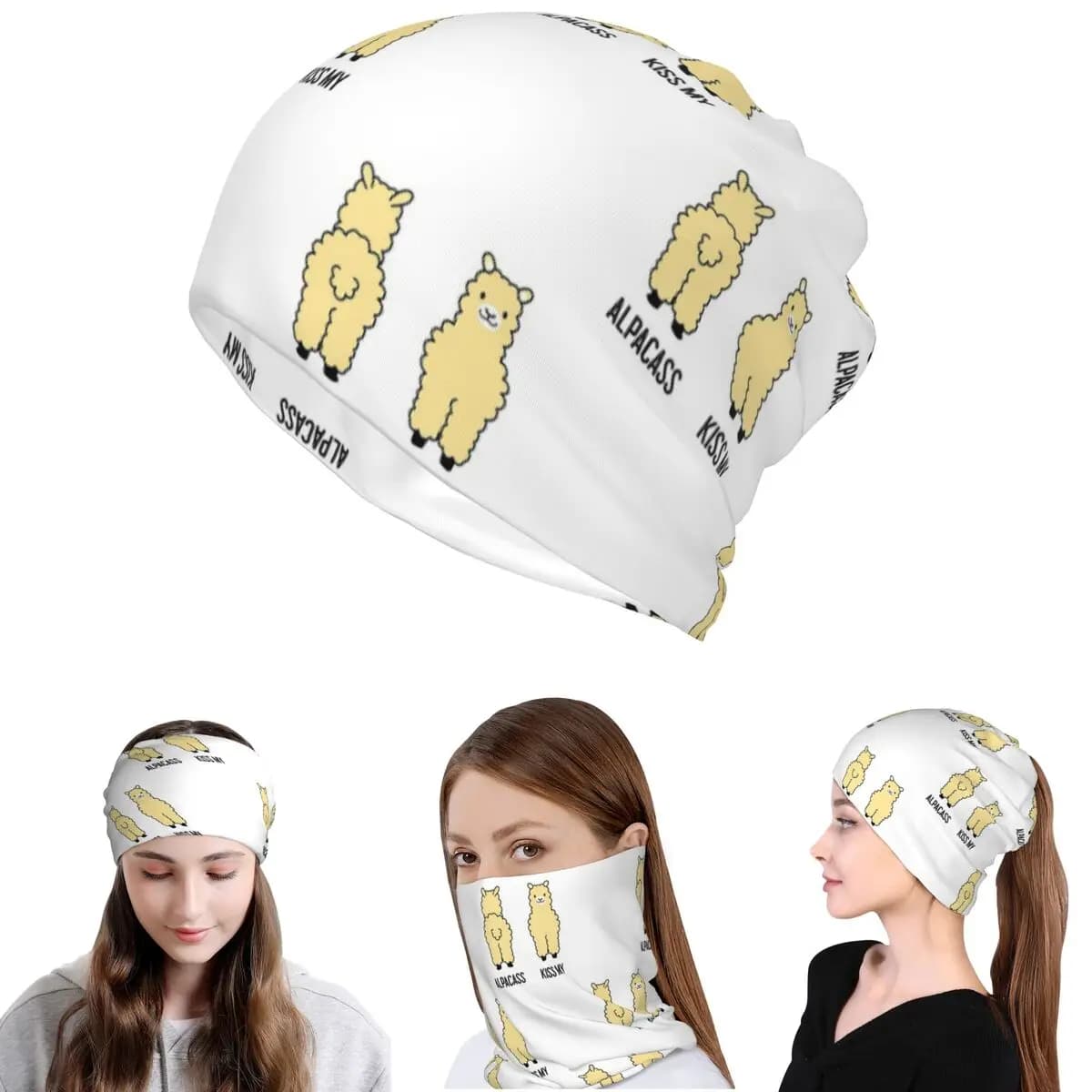 2-Sided Kiss My Alpacass Funny Alpaca Llama Bandana Neck Cover Face Scarf Warm Face Mask Beanies Hat for Men Women Adult