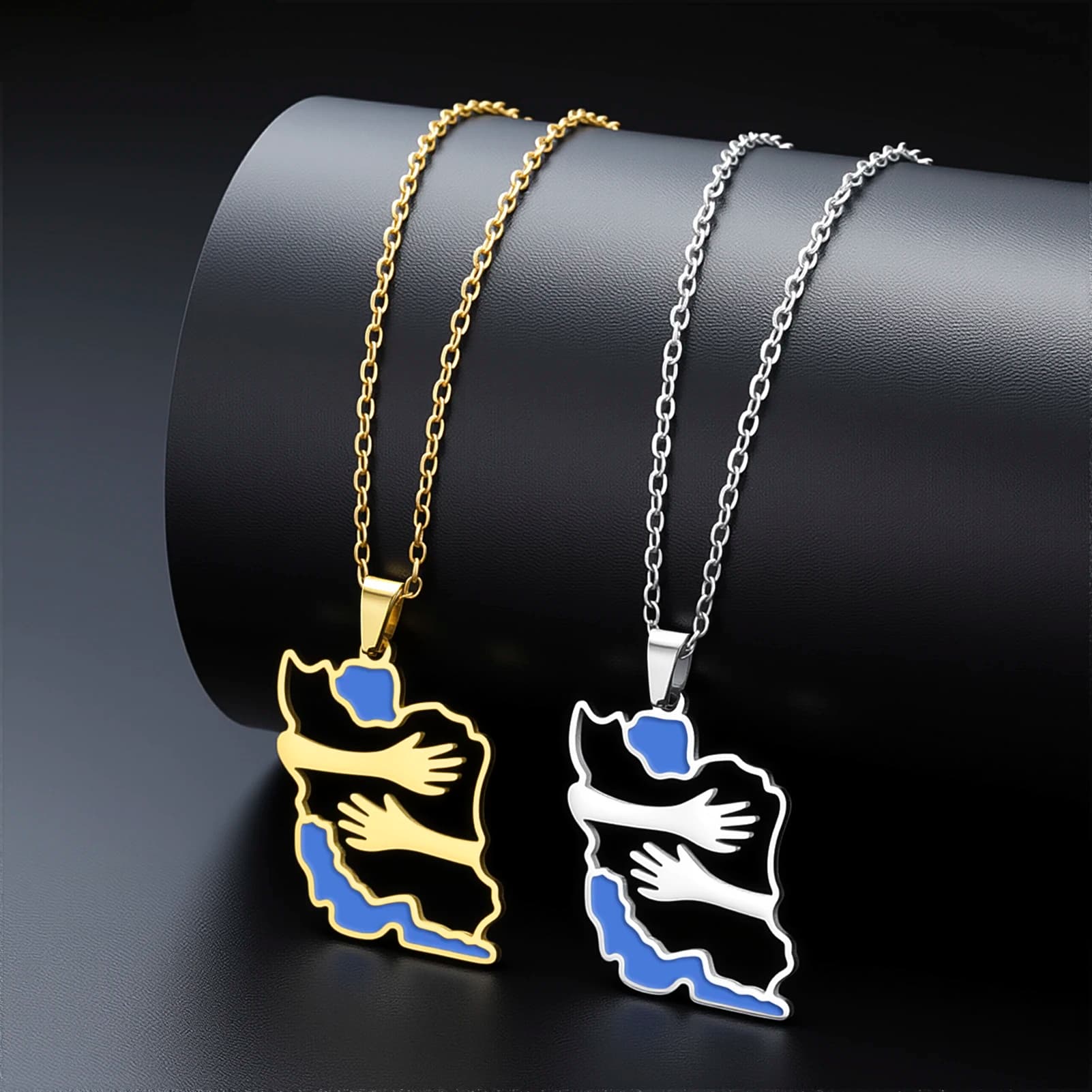 Embracing Iran Map Necklace with Both Hands Stainless Steel Geographical Iran Necklace Fashionable Ethnic Jewelry Souvenir Gift