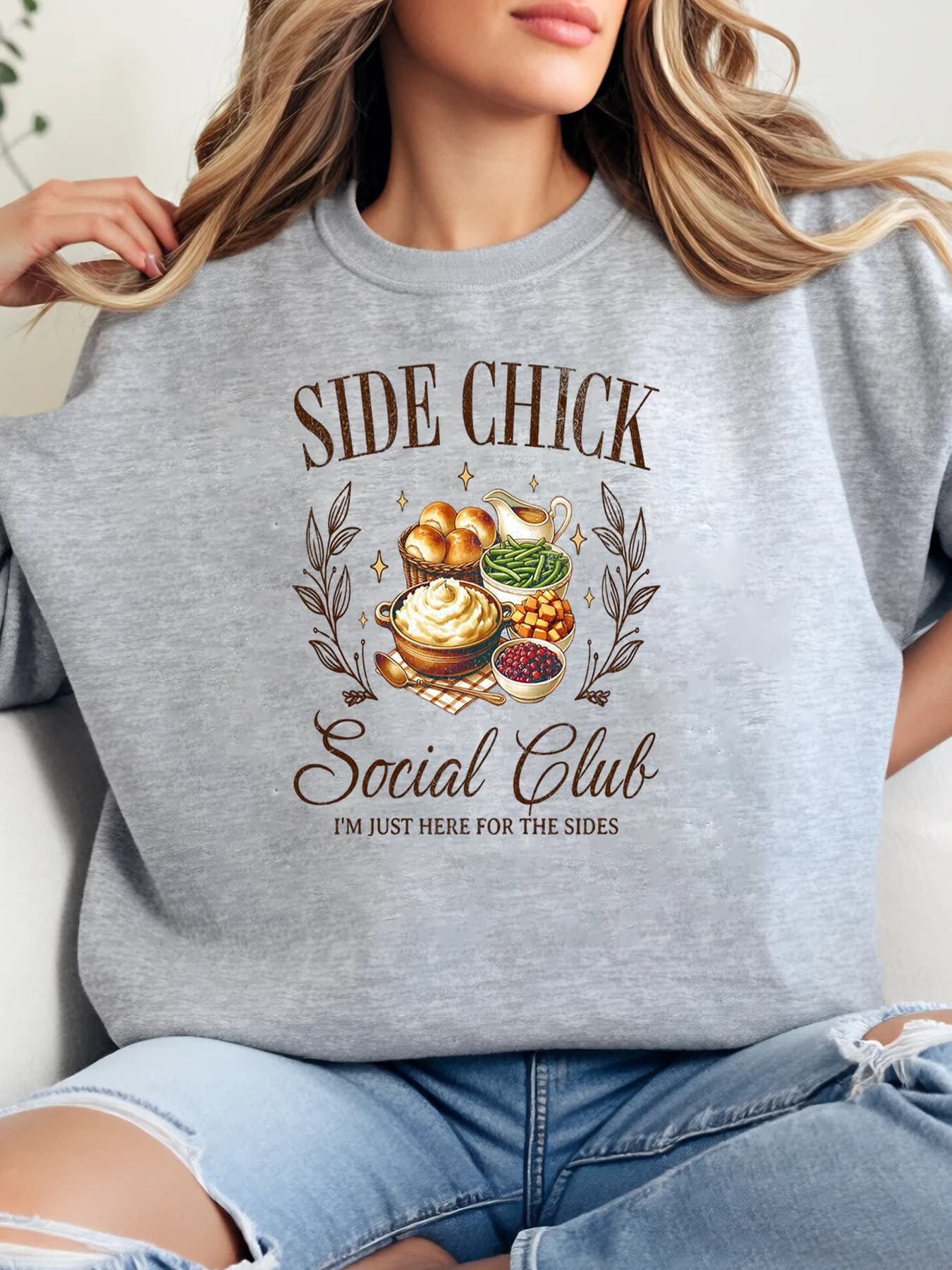 Felpa girocollo con stampa alimentare Side Chick Social Club Halloween Abbigliamento casual da donna Grigio Taglie forti