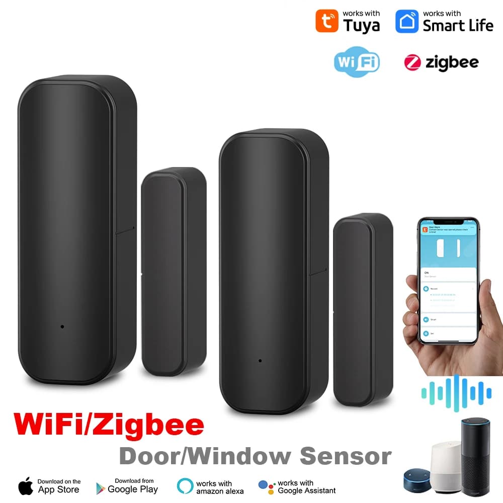 Tuya WiFi o ZigBee Sensore per porte e finestre Rilevatori di porte aperte e chiuse wireless intelligenti APP Allarme remoto Funziona con Alexa Google Home