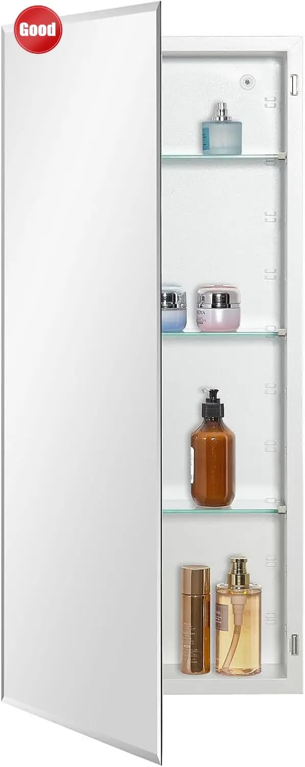 Armadietto da bagno economico con anta a specchio con bordo smussato 16 x 36 pollici, da incasso o a montaggio superficiale, con regolazione.