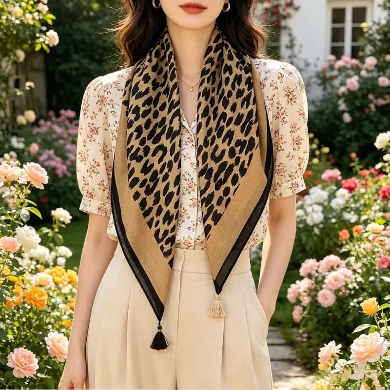 2026 Spring Summer New Retro Leopard Print Versatile Tassel Pendant Medium Square Scarf for Women High End Thin Bohemian