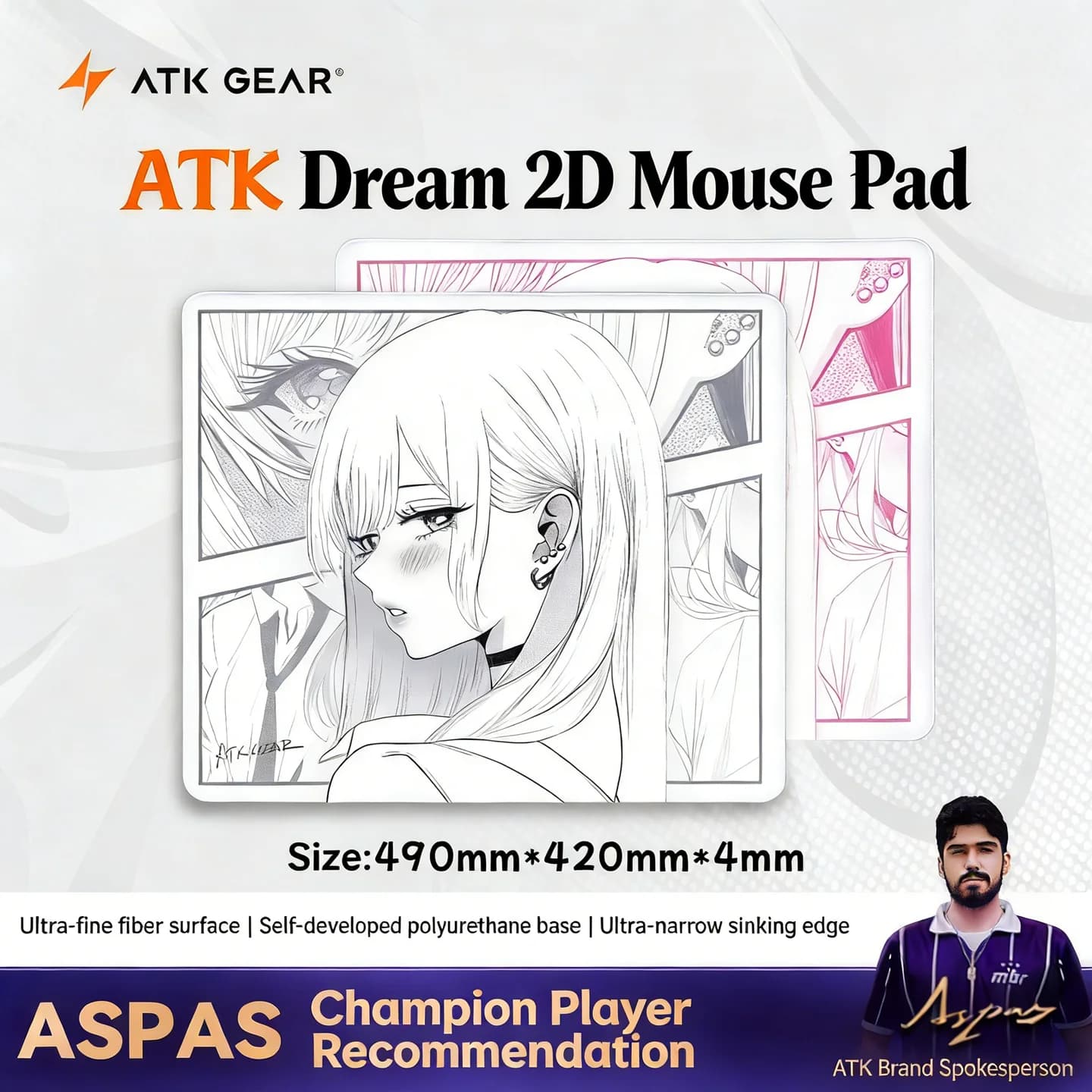Tappetino per Mouse ATK Dream Anime 490x420x4mm, Tappetino da Gioco FPS Neutro Bilanciato, Base Antiscivolo in PU, Bordi Cuciti per Valorant Esports