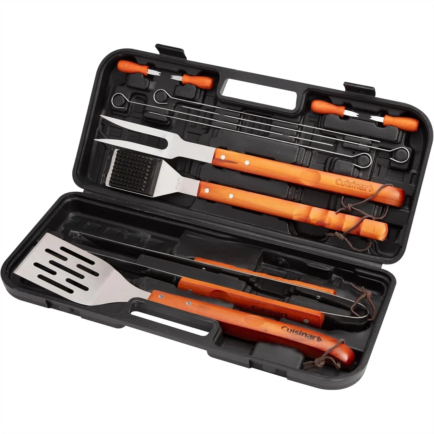 Set di 13 Utensili per Barbecue con Manici in Legno, Spatola in Acciaio Inox, Pinze, Spazzola per Pulizia e Custodia Compatta