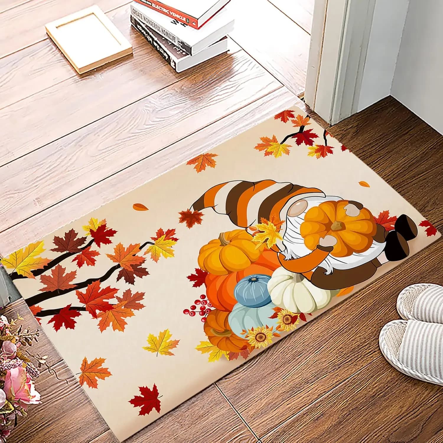 Fall Pumpkin Maple Leaves Gnomes Front Entrance Door Mat Decor Kitchen Corridor Balcony Rugs Bedroom Bedside Floor Mat Decor