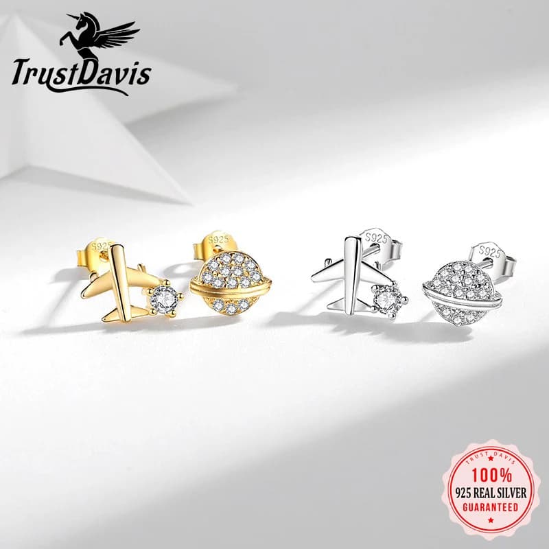 TrustDavis 925 Sterling Silver Moda Donna Semplice Pianeta e Orecchino Aereo per Le Donne Ragazze Compleanni Gioielli Regalo DS4692