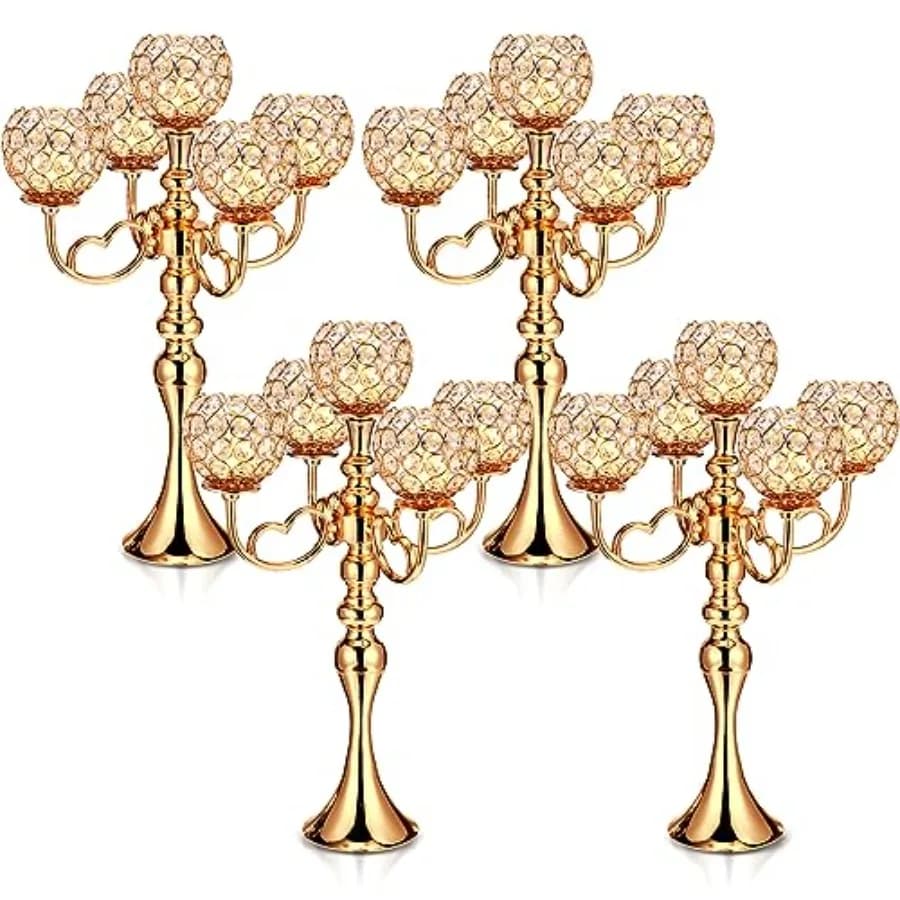 Set di 4 Candelabri in Cristallo a 5 Bracci per Tavoli, Oro, Altezza 21,5 Pollici, Portacandele in Cristallo per Casa, Matrimoni e Cene
