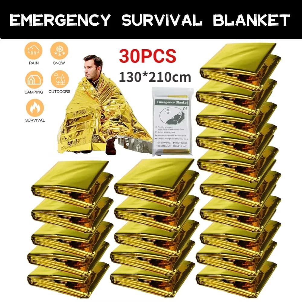 5 - 30Pcs Gold - Silver Thermal Survival Blankets, 130X210Cm, Waterproof & Military - Grade, Ideal for Outdoor Emergency