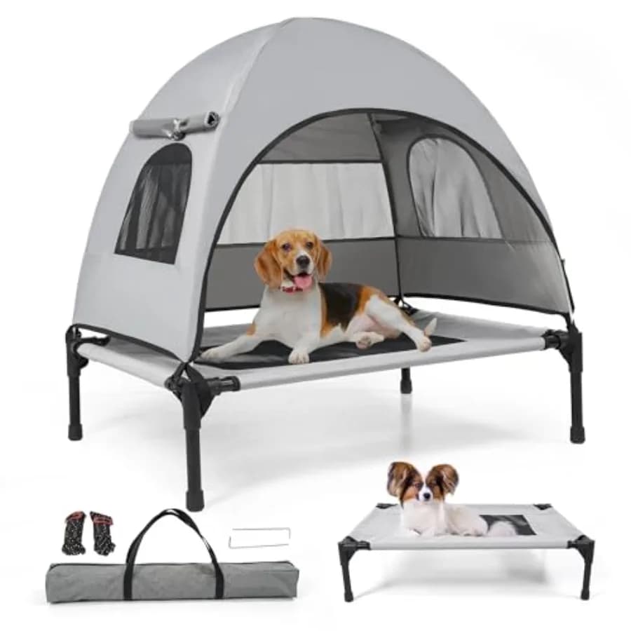 Cuccia rialzata da esterno per cani con tenda parasole rinfrescante, tenda da campeggio, tettoia rimovibile, lettino fuori terra