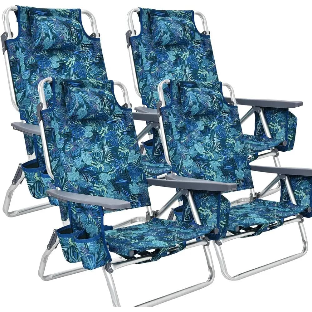 Set di Sedie da Spiaggia Portatili con Braccioli, Borsa Termica, Portabicchieri, Porta Asciugamani, Tasche Laterali, Sdraio Pieghevole