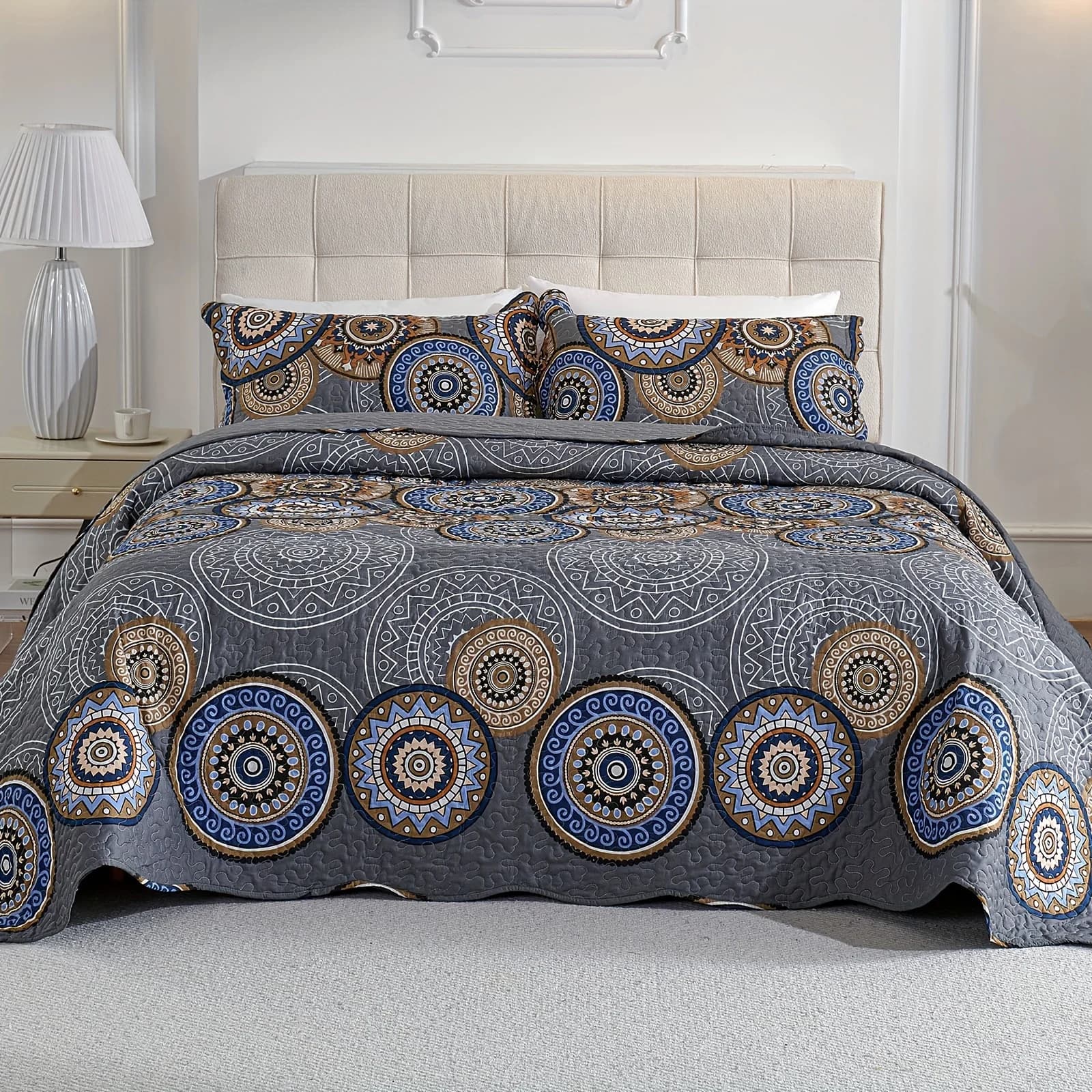 3pcs Queen King Quilt Set Microfiber Geometric Pattern Bedspread Coverlet Soft Lightweight