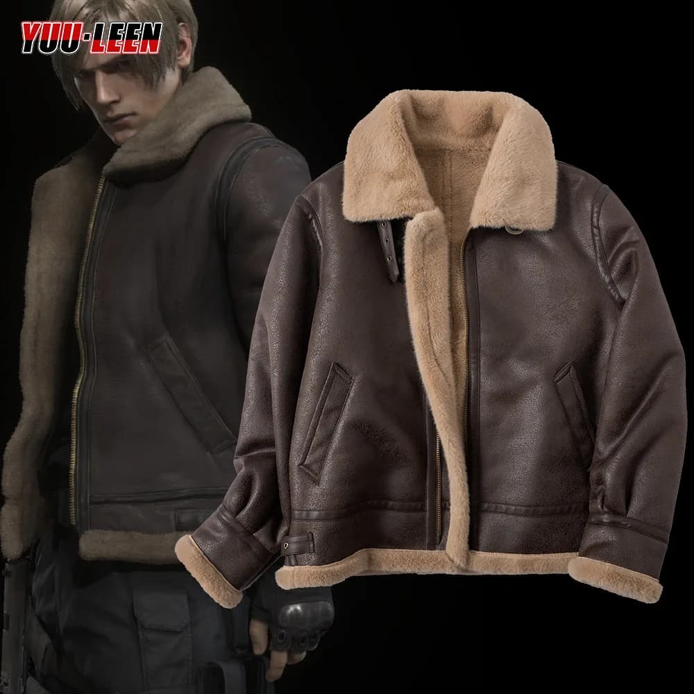 Costume Cosplay Leon S. Kennedy Resident Evil 4 Remake, Giacca in Pelle Marrone, Imbracatura Tattica, Fodero per Coltello, Set Pantaloni per Halloween