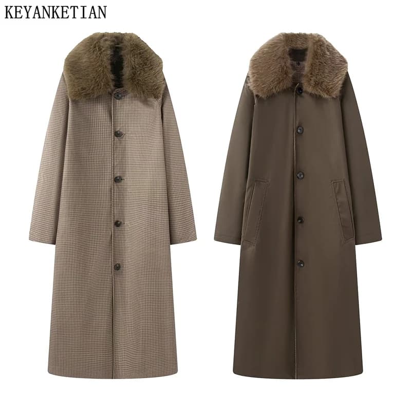 KEYANKETIAN Inverno Nuove Donne Abbigliamento Collo In Pelliccia Sintetica Plaid Monopetto Double-sided Giacca Lunga Giacca A Vento da Donna